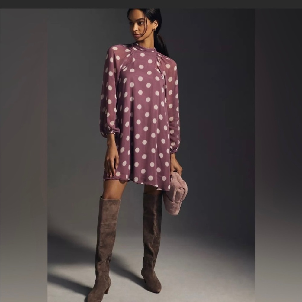 Anthropologie Mauve Polka Dot Long Sleeve Dress